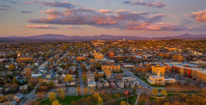 Seen from above, a sprawling rural town in the fall.