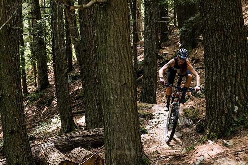 A person rides a mountain bike along a trail in the woods.