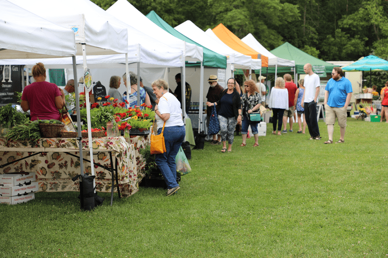 Groups of people shop a row of craft tents at an outdoor farmers market.