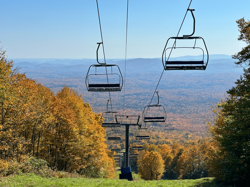 Ski chairlifts suspend above a large expanse of trees in fall colors.