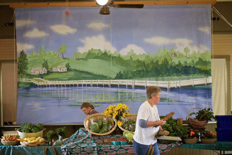 Two people carry produce in front of an illustration of the floating bridge of Brookfield, VT.