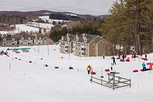 A group of people ride red tubes down a snowy slope, served by a tow rope.