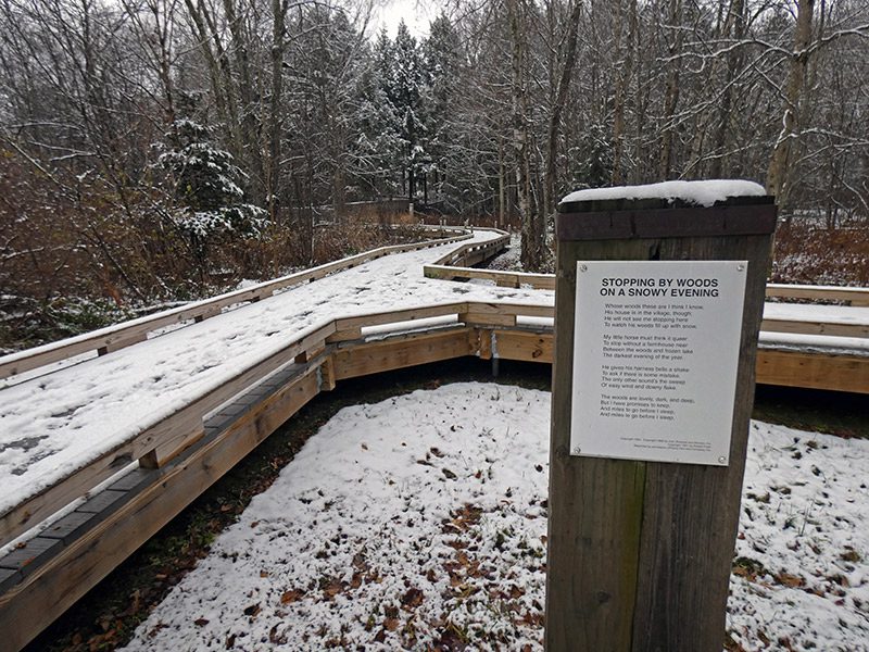 A snowy path winds through the woods with a placard, displaying a poem, that reads Stopping By Woods on a Snowy Evening.