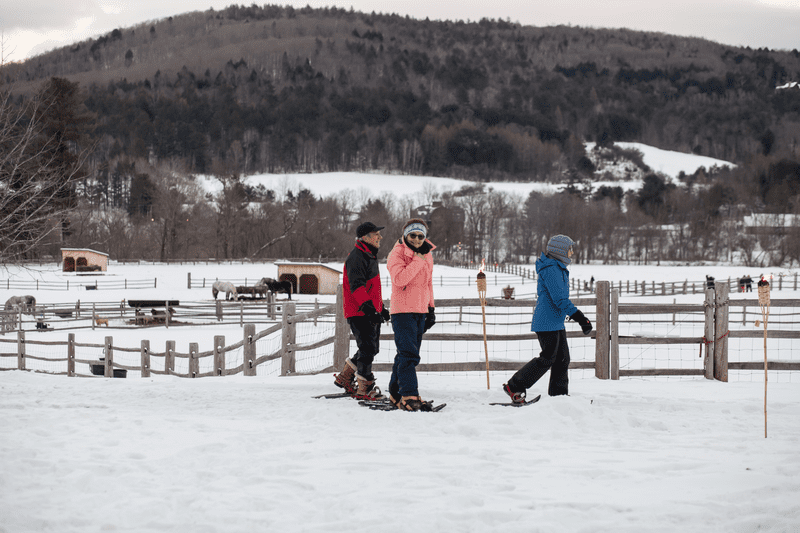 Three people walk through a snow-covered farm on snowshoes.