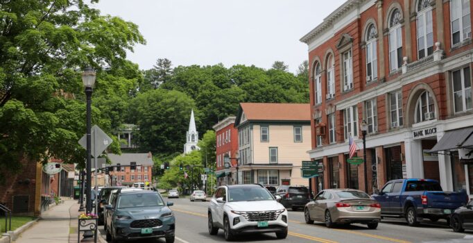 A historic rural downtown on a warm day.