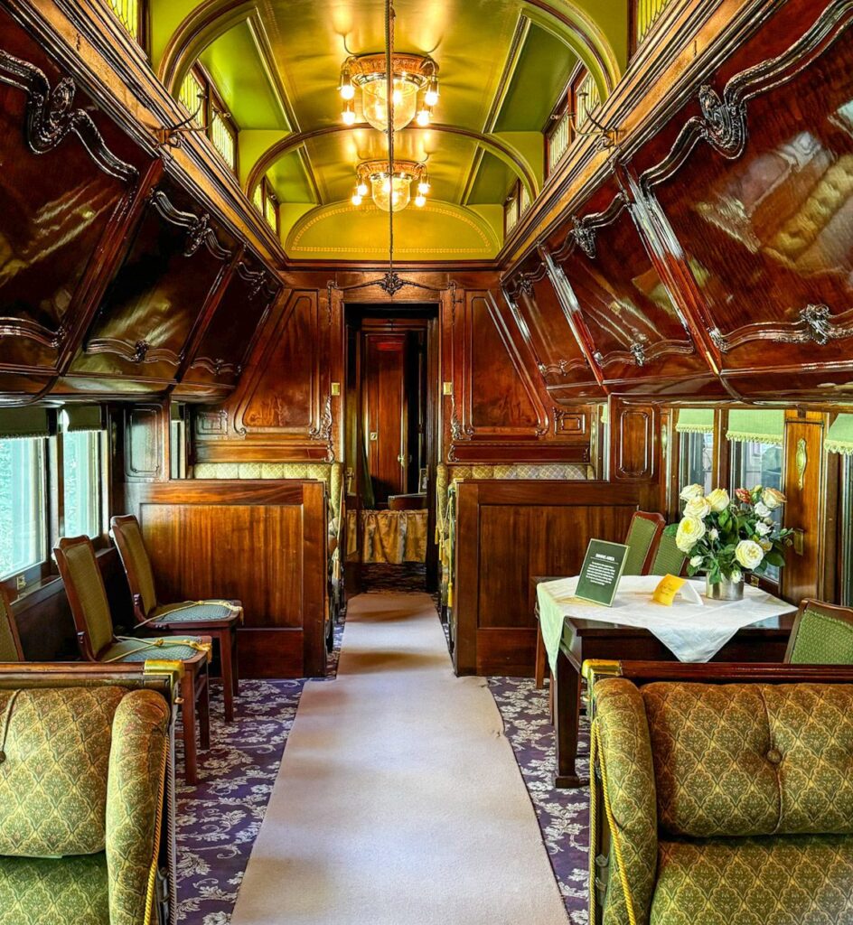 The inside of a historic Pullman train car.