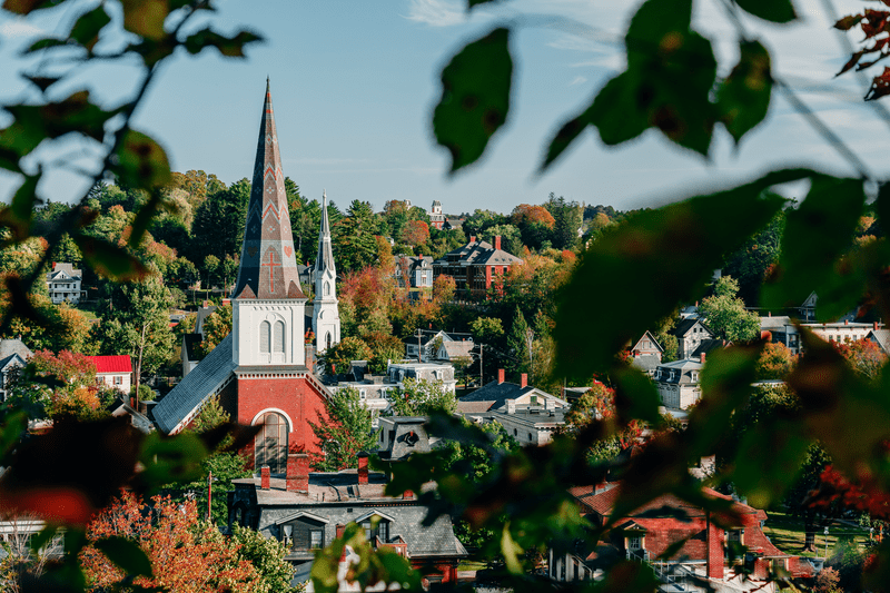 Seen from above, a historic downtown in the summer.