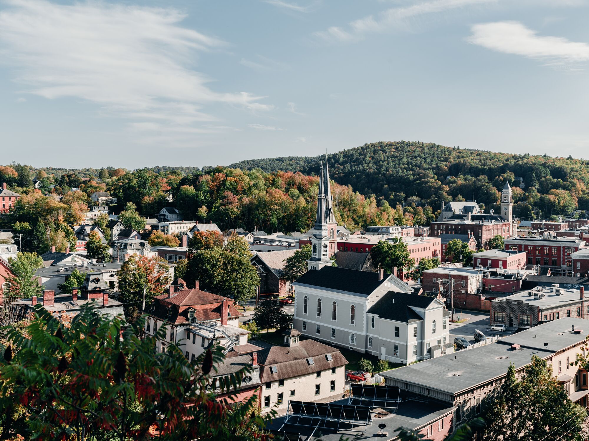 A scenic townscape with red-brick and white buildings, surrounded by lush, colorful trees under a clear blue sky.