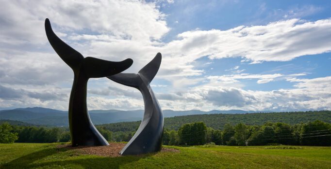 A sculpture of two whale tails rises from lush green grass under a bright sky with scattered clouds, set against a backdrop of distant mountains.