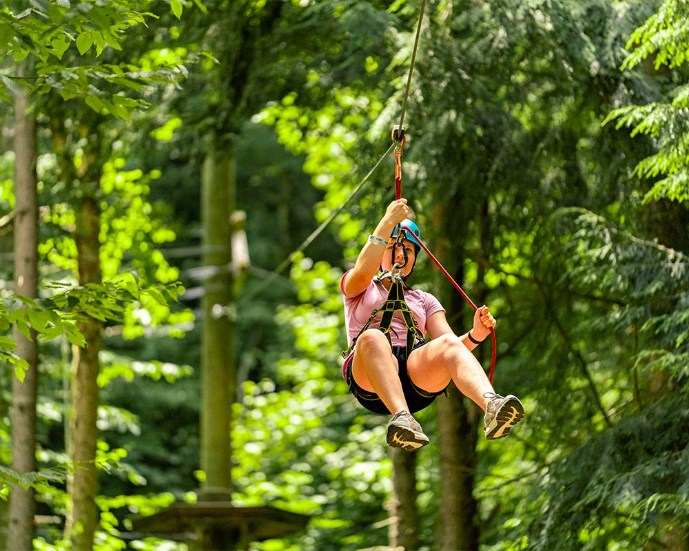 A person zip-lining through a lush forest.