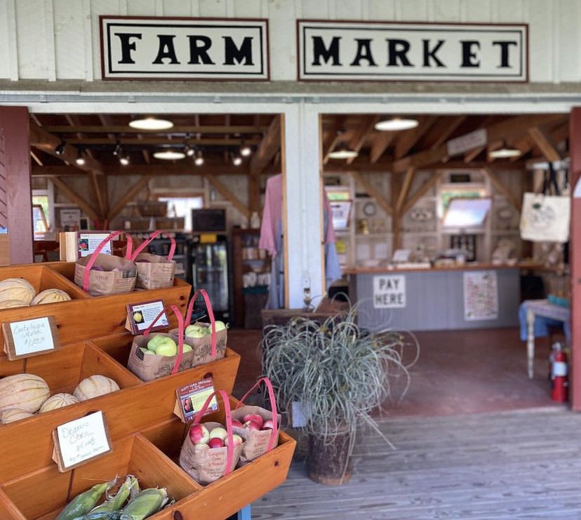 Farm market entrance with wooden crates displaying fresh produce like apples and melons. Inside, a rustic counter with a