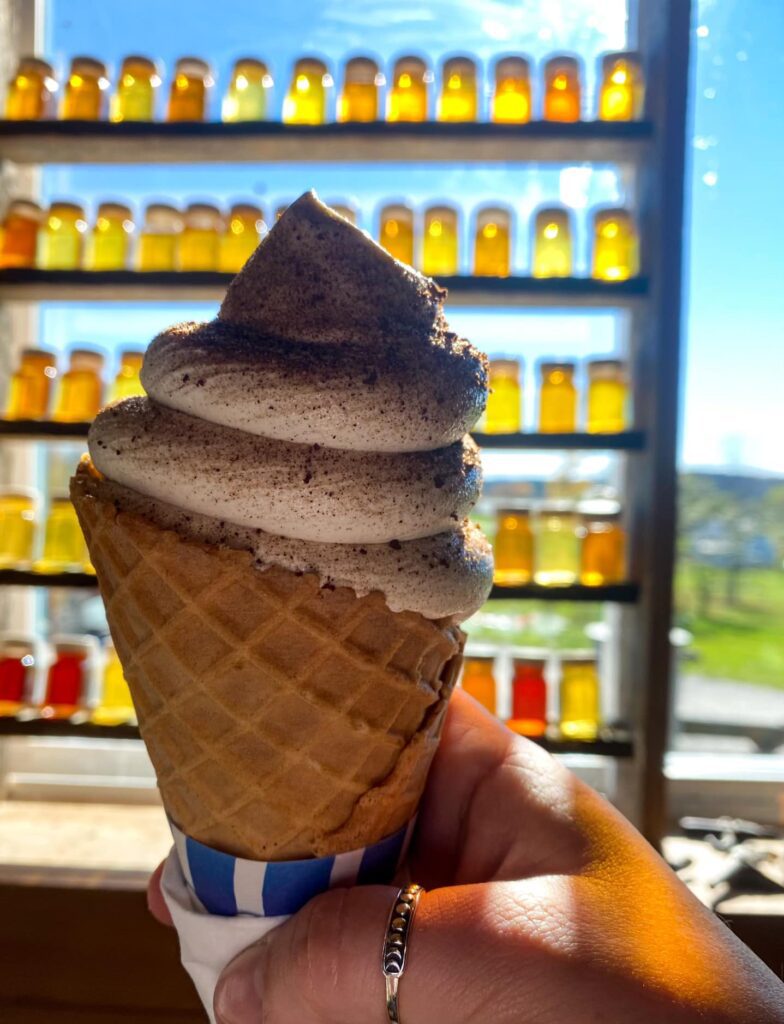A hand holds up a soft ice cream cone in front of bottles of maple syrup, illuminated from behind by the sun to show their amber color.