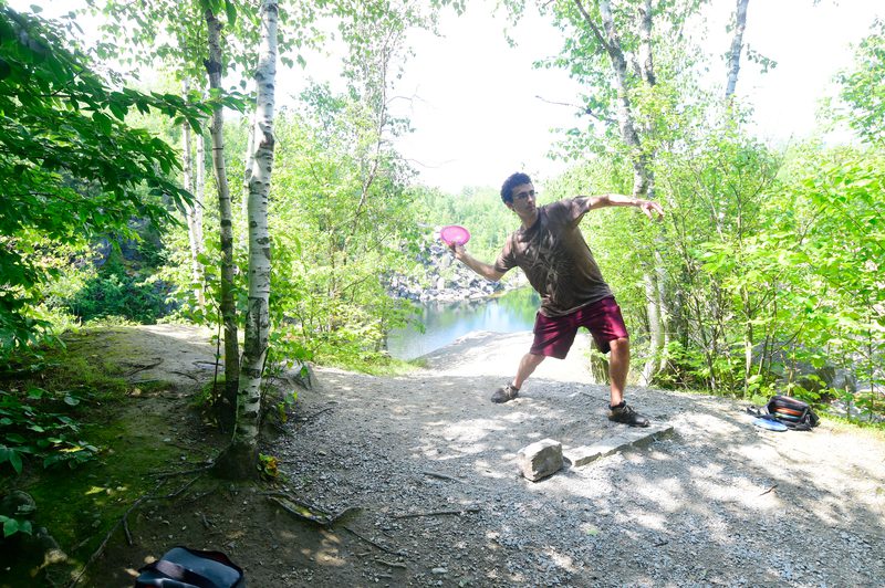 A person in a brown shirt and red shorts throws a pink disc in a forest setting near a river. Bright, sunny day with lush green trees.