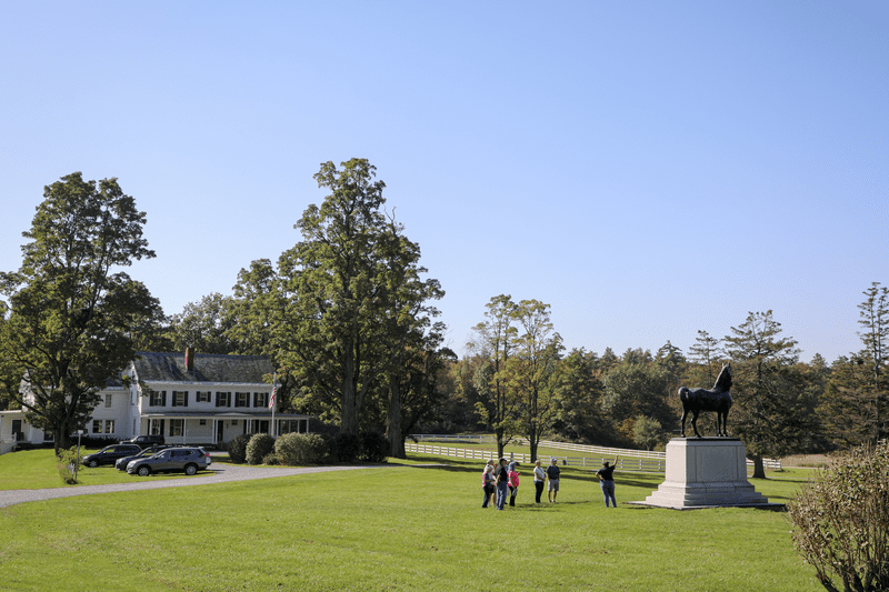 A group of people stand near a horse statue on a sunny, green lawn. A large house with several cars is in the background, framed by tall trees.