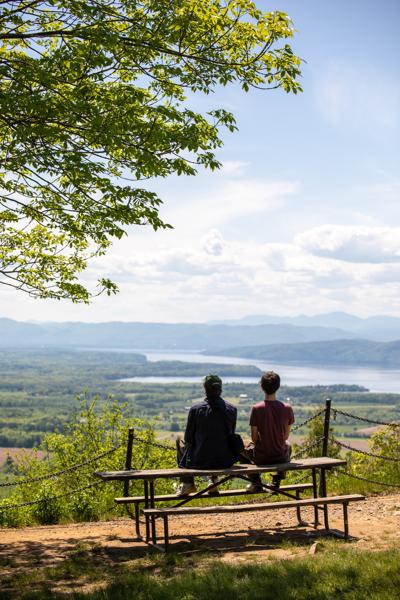 Two people facing away from the camera looking at a mountain view on a bench in the summer.
