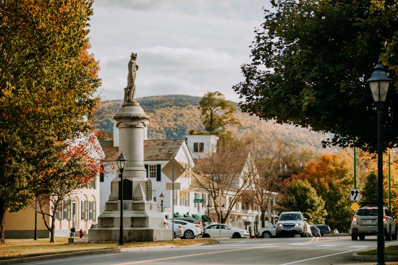 A historic downtown in the fall.