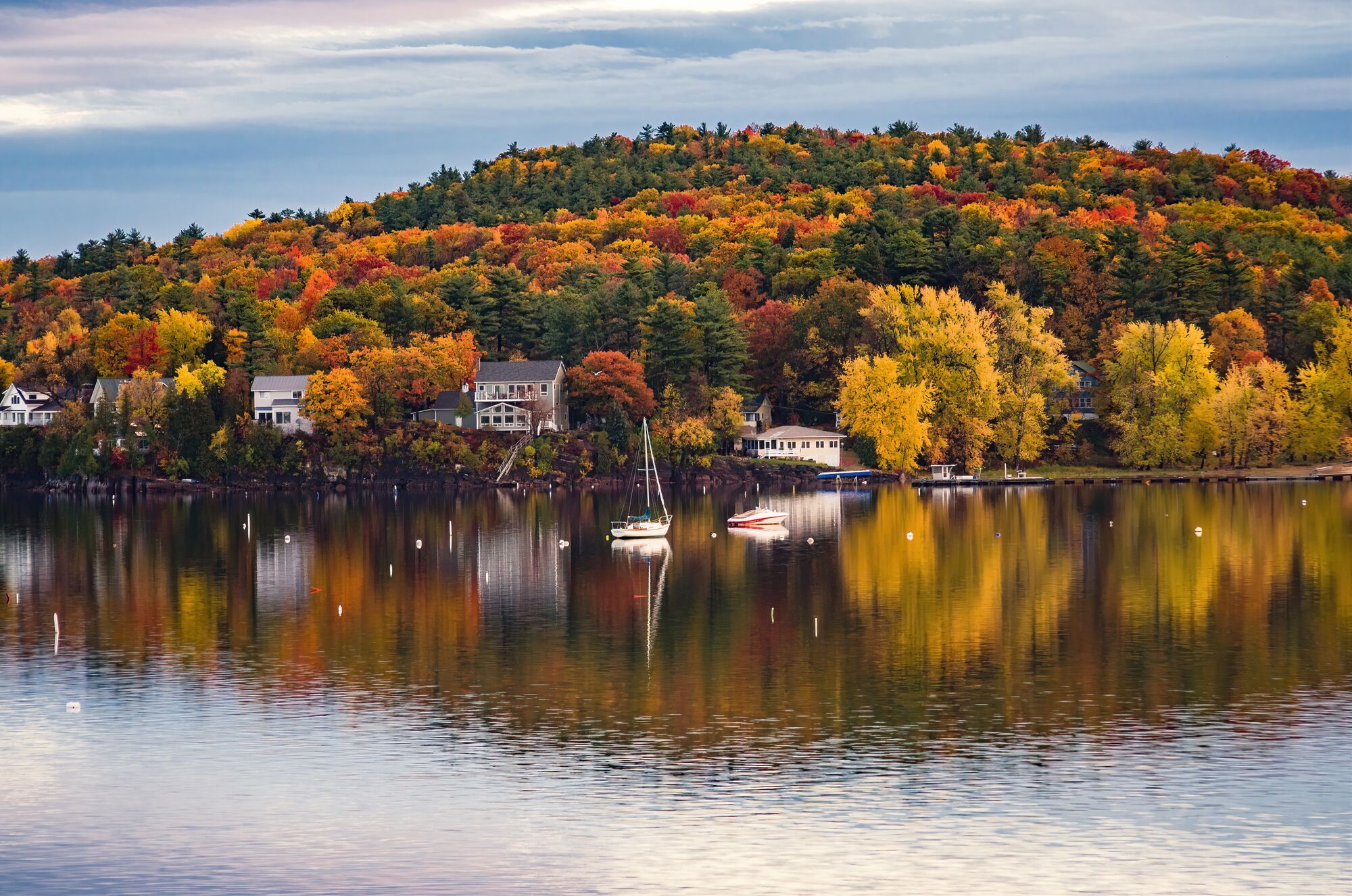 Colorful foliage seen from a lake in Vermont.