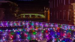 Colorful lights on bridges at night.