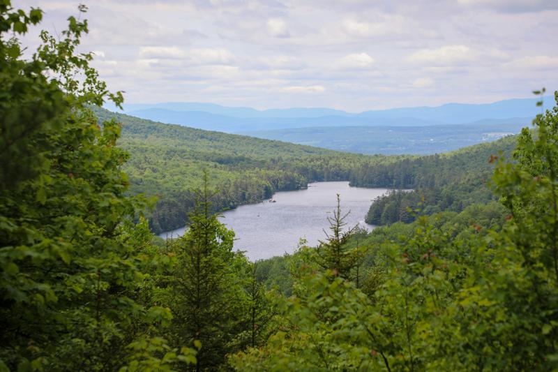 The view from a scenic overlook with a lake in the distance and green foliage on trees.