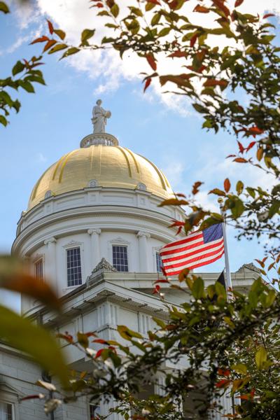 A historic building with a gold dome on a sunny day with green leaves on surrounding trees. 