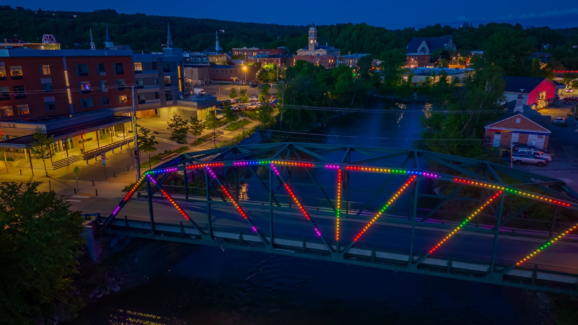 A bridge with colorful lights in Vermont.