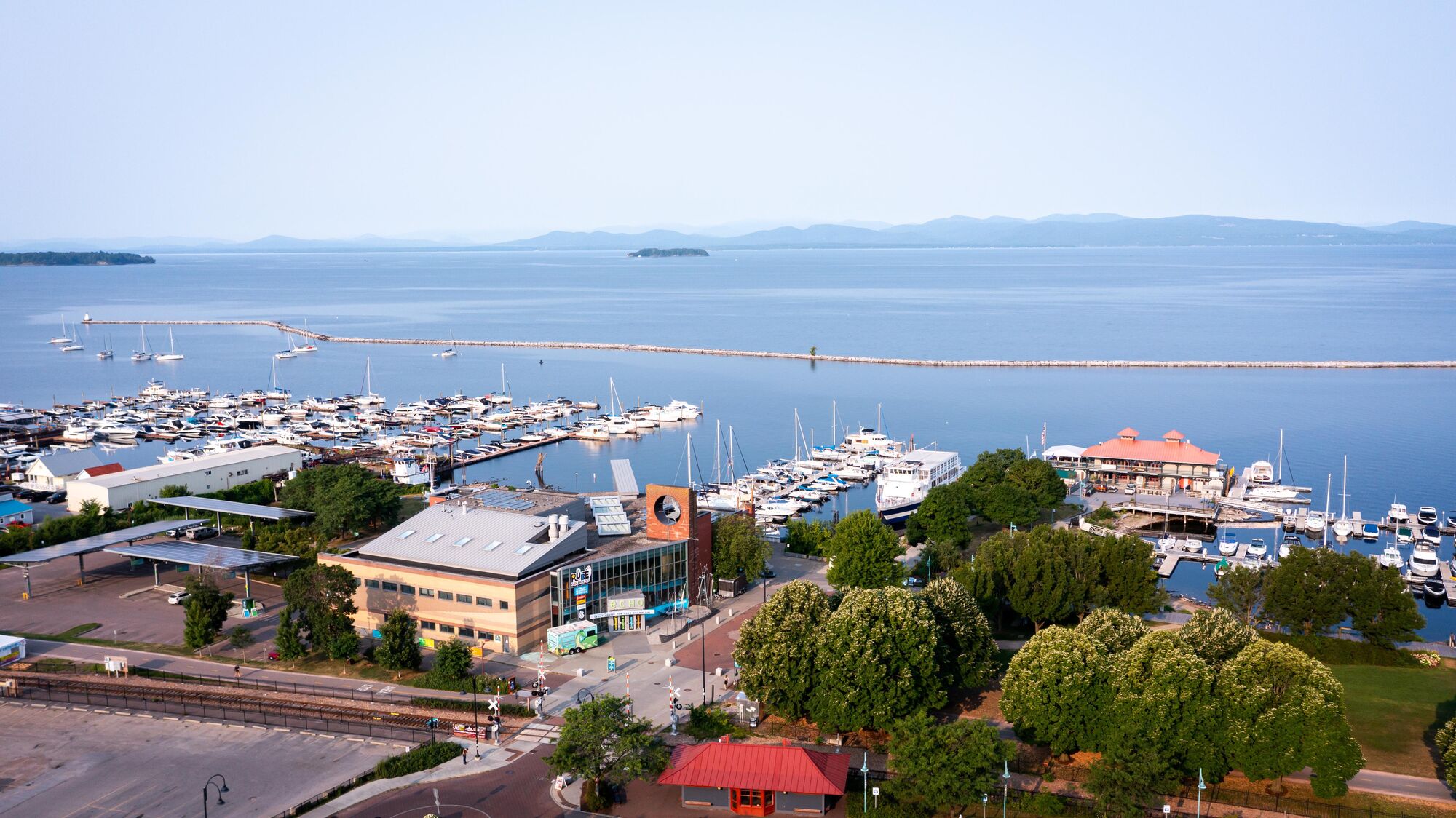 A waterfront viewed from above in Vermont.