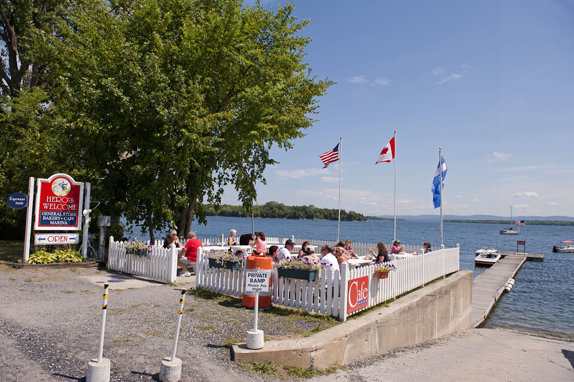 People dine on an outdoor patio in Vermont.