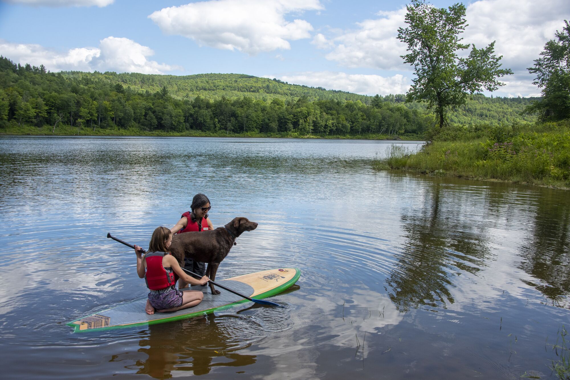 Two children and a dog on a paddleboard in a pond in Vermont.
