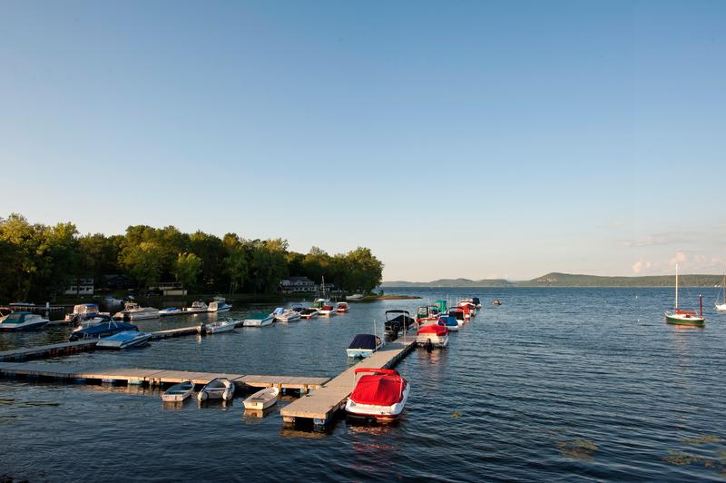 Docks in a lake in Vermont.