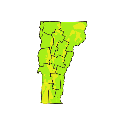 An animated GIF image displaying the progression of color from green to various shades of red, orange, and yellow across a graphic of the state of Vermont.