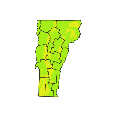 A graphic of the state of Vermont with regions outlined. Most of the state is light green but a pattern of yellow can be seen.