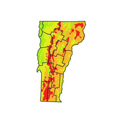 A graphic of the state of Vermont with regions marked. Red, orange, yellow, and green color can be seen throughout the map.