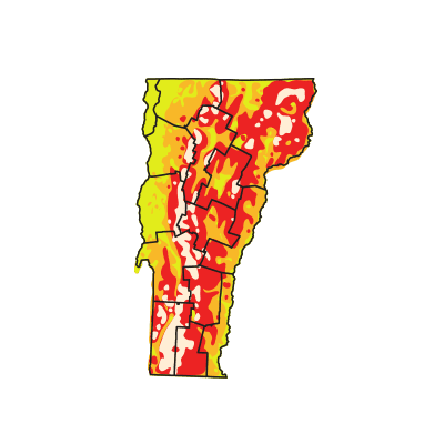 A graphic of Vermont with regions marked. The map is mostly red and orange, but some green can be seen on the left.