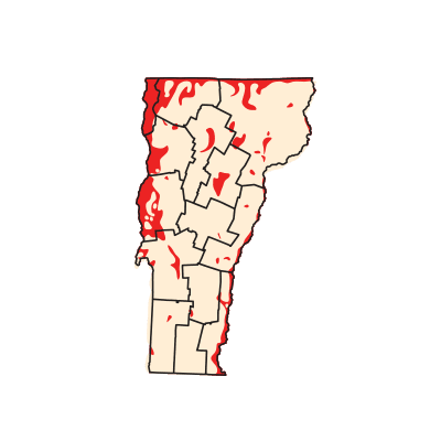 A graphic of Vermont with regions outlined. Most of the state is pale beige, but some red can still be seen on the left.