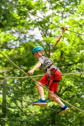 A child wearing a blue safety helmet and a climbing harness navigates a ropes course suspended among green trees.