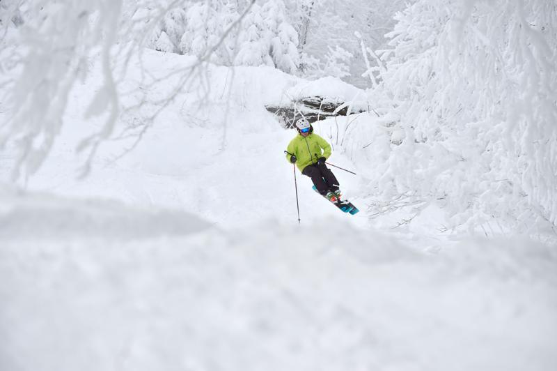 A person skis down a snow-covered slope surrounded by heavily snow-flocked evergreen trees.