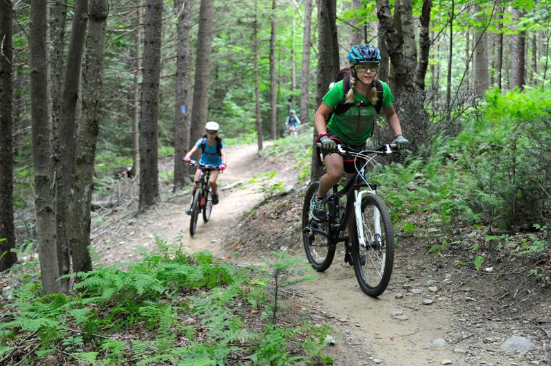 Two cyclists ride mountain bikes along a dirt trail through a dense green forest.