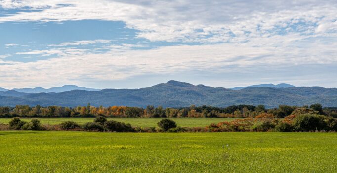 A scenic landscape view of the Dead Creek Wildlife Management Area in Vermont featuring a wide field under a bright sky.