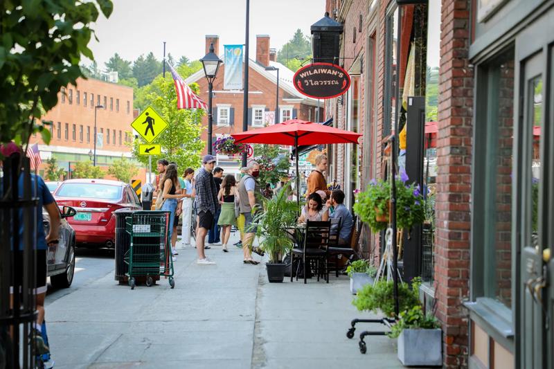 Exterior view of Walaiwan's restaurant in downtown Montpelier, Vermont, highlighting the entrance and storefront.
