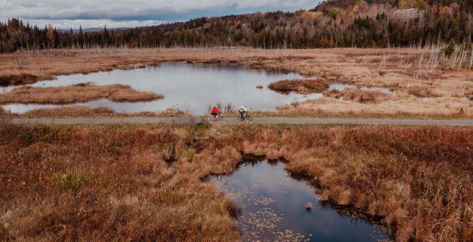 Seen from high up, two people on bikes on a small path near a body of water during stick season.