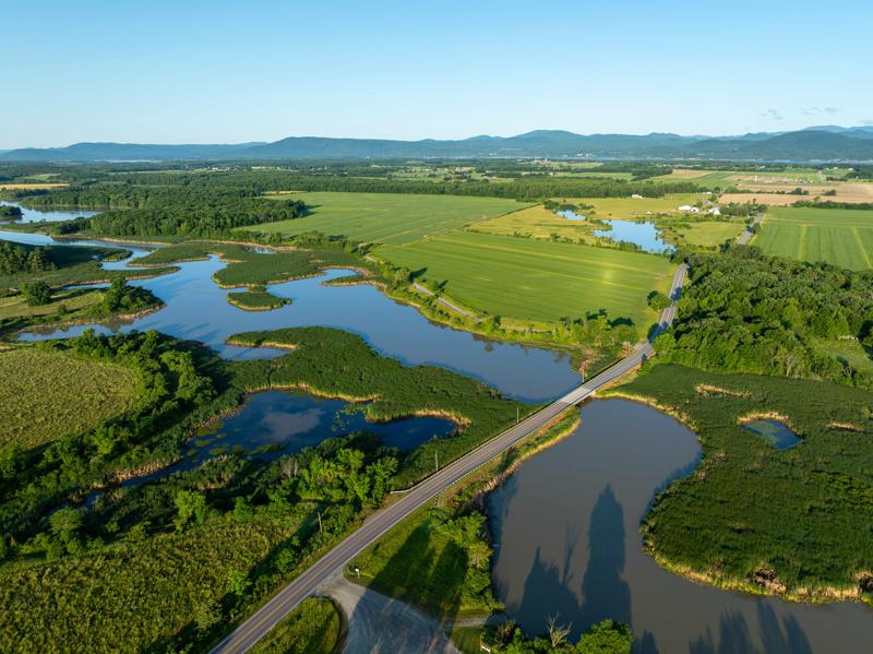 An aerial drone view of a roadway cutting through the lush green wetlands and farm fields of the Dead Creek Wildlife Management Area in Addison, Vermont.