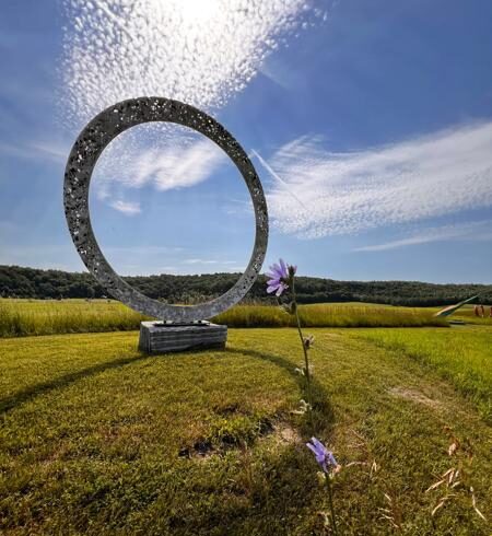 A circular sculpture outdoors in a field on a sunny day.