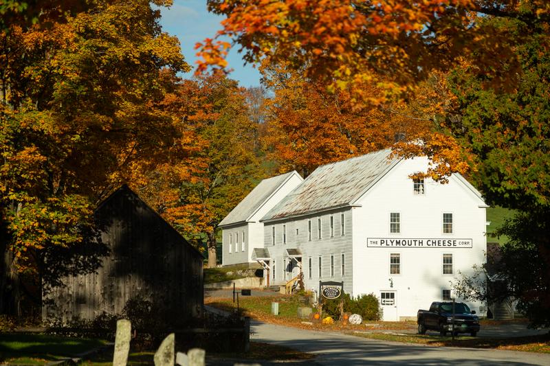 A white building with a sign reading “Plymouth Cheese” seen from exterior in the fall. Red, orange, and yellow leaves are visible on trees.
