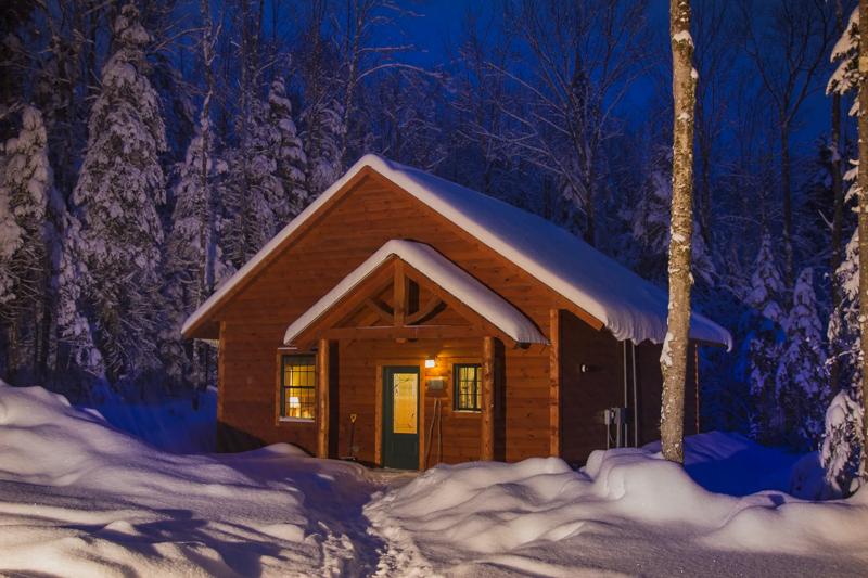 A cabin in the woods is lit up at night, surrounded by fresh snow on the ground and trees.